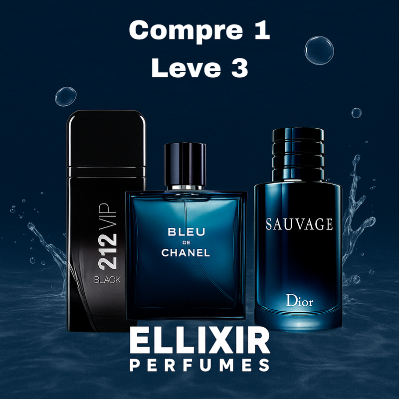 QUEIMA DE ESTOQUE - 3 Perfumes Masculinos Importados (100ml cada) - Sauvage Dior l Bleu de Chanel l 212 VIP Black )